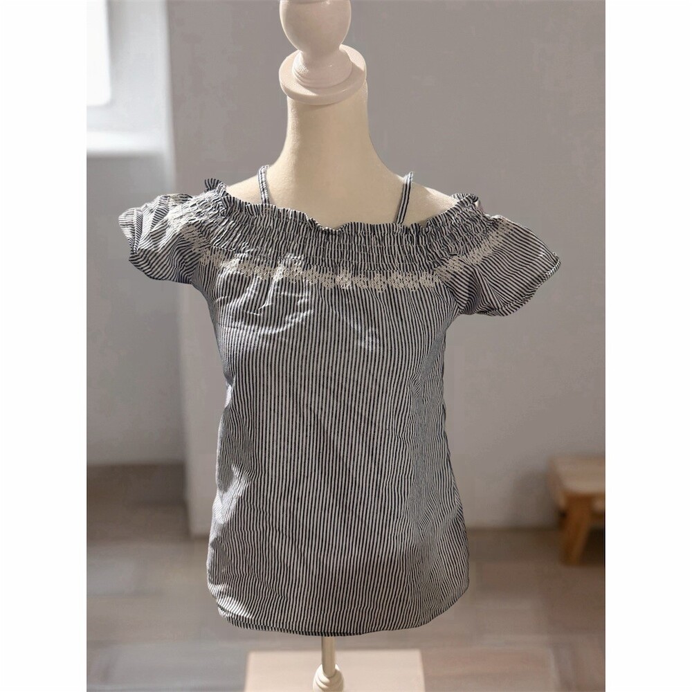 Doll House  Blouse Womens Size L Blue White Pinstripe Off Shoulder Lace